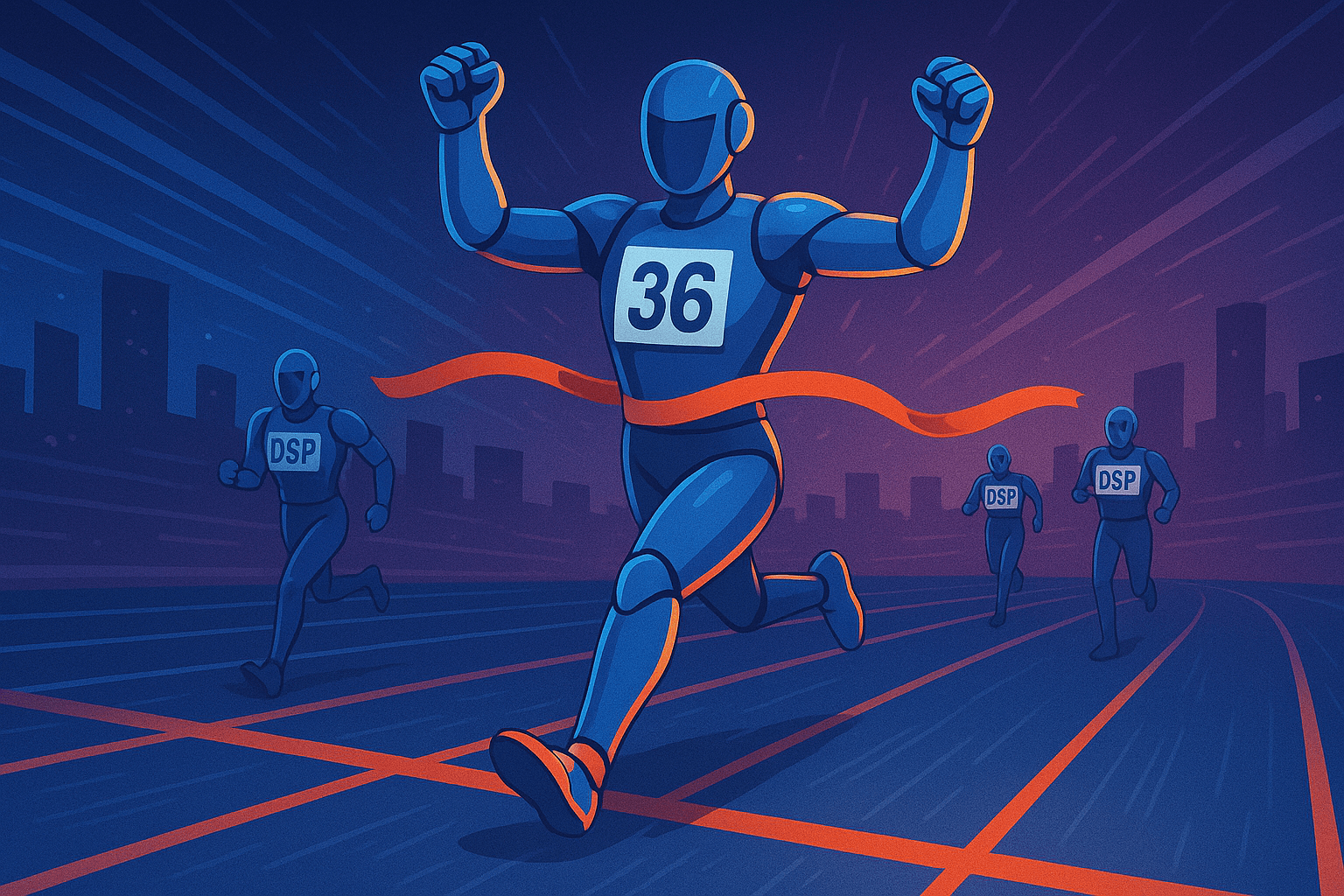 Futuristic humanoid robot with the number 36 representing SSP's crosses a glowing neon-blue finish line, symbolizing victory, while two trailing robots labeled 'DSP' follow behind on a high-tech, Tron-inspired race track in a cyberpunk cityscape.