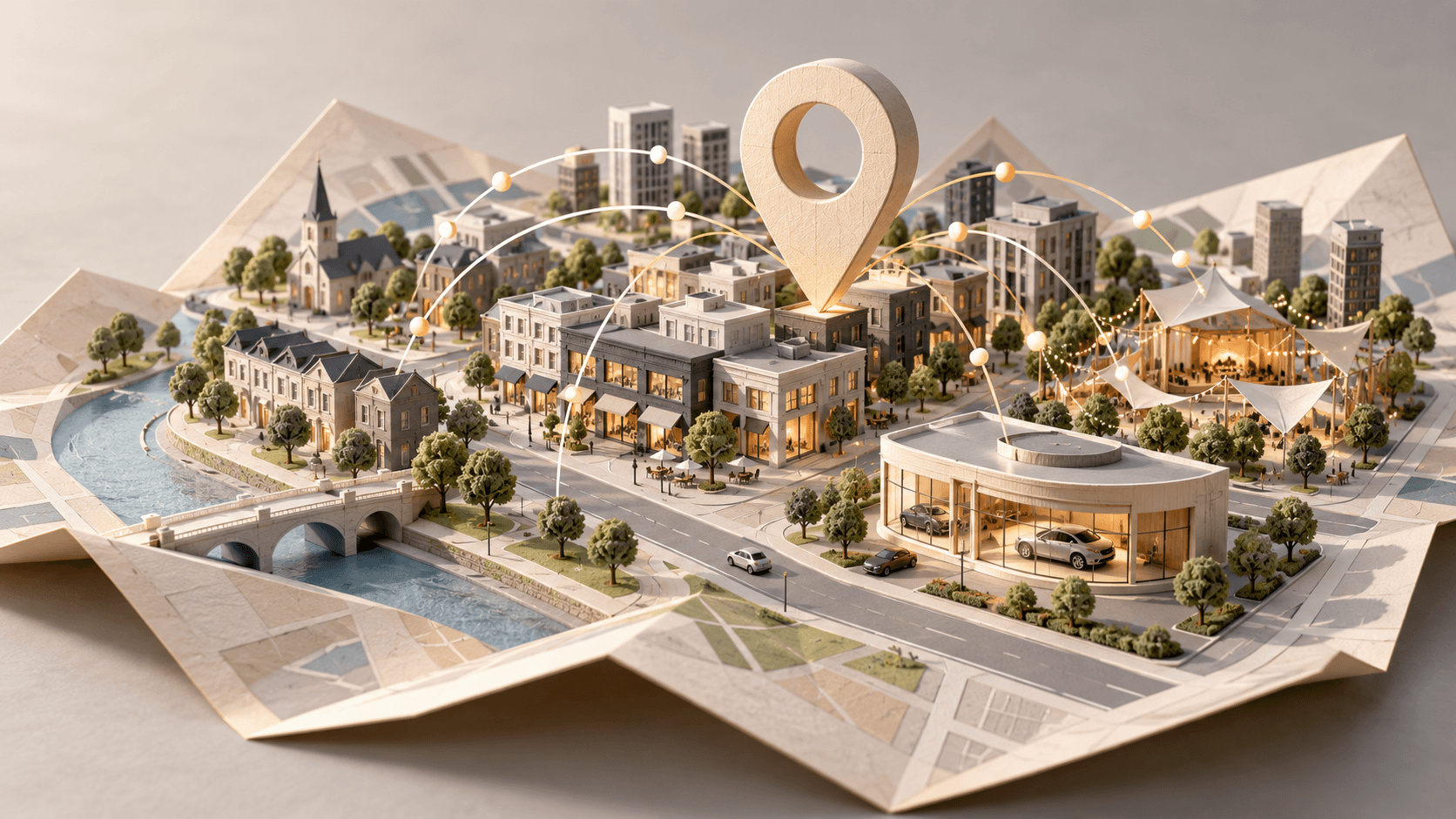 A miniature city on a folded map, with a location pin and connections between shops, a car dealership and an event.